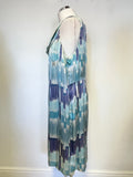JACQUES VERT TURQUOISE & BLUE PRINT SLEEVELESS SILK SHIFT DRESS SIZE 22