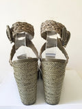 STUART WEITZMAN KHAKI TEXTILE WEAVE & LEATHER WEDGE HEEL SANDALS SIZE 7/40