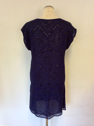 WHISTLES BLUE & BLACK BEADED & SEQUINNED EMBELISHMENT SHIFT DRESS SIZE 10