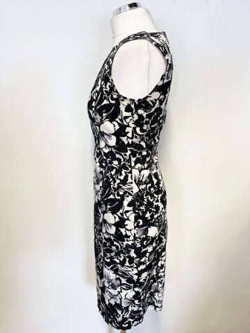 JAEGER BLACK & WHITE FLORAL PRINT SLEEVELESS PENCIL DRESS SIZE 8/10