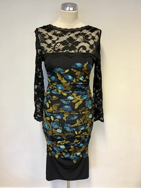BRAND NEW PHASE EIGHT BLACK LACE TOP FLORAL PRINT STRETCH BODYCON DRESS SIZE 8