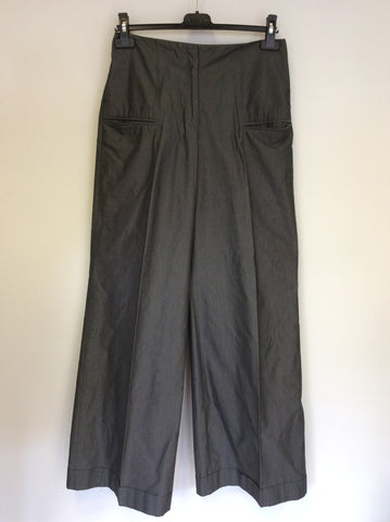 REISS GREY COTTON HIGH WAIST WIDE LEG TROUSERS SIZE 10