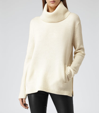 REISS MALIN IVORY WOOL BLEND ROLL NECK SIDE ZIP OVERSIZE JUMPER SIZE S