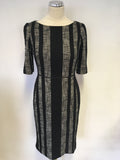 HOBBS BLACK & GREY MARL STRIPED SHORT SLEEVE PENCIL DRESS & JACKET SIZE 10