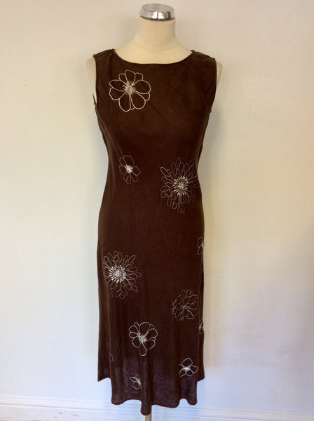HOBBS BROWN & WHITE EMBROIDERED FLORAL DESIGN DRESS SIZE 10