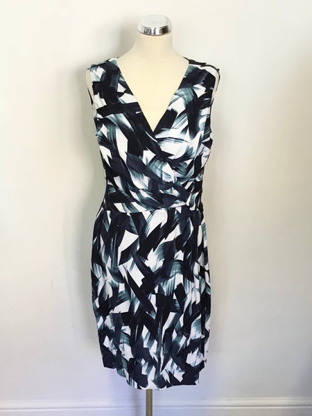 PHASE EIGHT NAVY, TURQUOISE & WHITE PRINT SLEEVELESS PENCIL DRESS SIZE 12