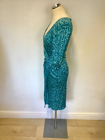 KAREN MILLEN SILK TURQUOISE ANIMAL PRINT 3/4 SLEEVE WRAP DRESS SIZE 10