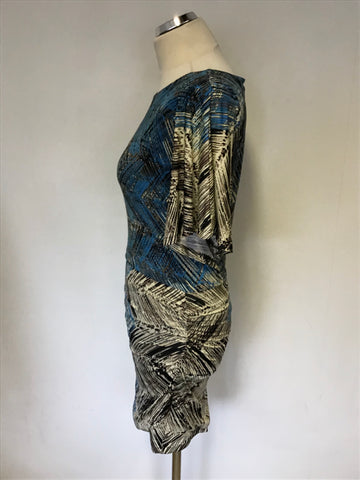 NINE WEST TURQOUISE,BLACK,CREAM & BROWN PRINT SHORT SLEEVE STRETCH DRESS SIZE 2 UK 10