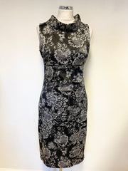 KAREN MILLEN BLACK & SILVER LACE PRINT SLEEVELESS PENCIL DRESS SIZE 12