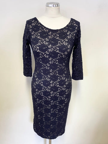 GINA BACCONI NAVY LACE OVER CREAM 3/4 LENGTH SLEEVE PENCIL DRESS SIZE 10