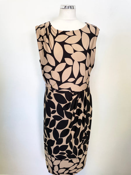 PHASE EIGHT BLACK & GOLD TONE LEAF PRINT STRETCH JERSEY PENCIL DRESS SIZE 16