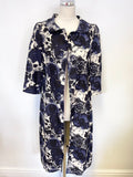 LK BENNETT NAVY BLUE & IVORY FLORAL PRINT LINEN & SILK SPRING/ SUMMER COAT SIZE 8