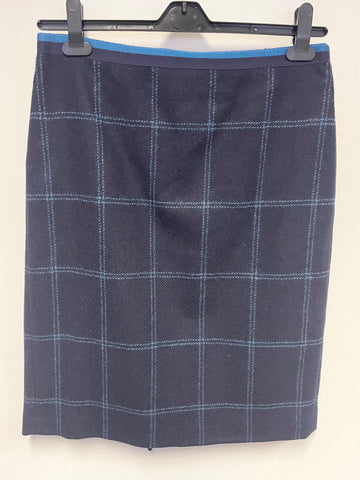 HOBBS NAVY BLUE & TURQUOISE CHECK 100% WOOL MOON TWEED STRAIGHT SKIRT SIZE 12