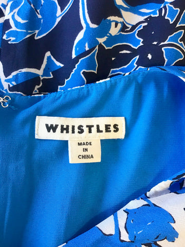 WHISTLES SILK TURQUOISE BLUE,NAVY & WHITE FLORAL PRINT CAP SLEEVE DRESS SIZE 14
