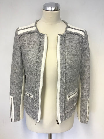 REBECCA TAYLOR GREY WEAVE & WHITE LEATHER TRIM ZIP JACKET SIZE 4 UK 8/10