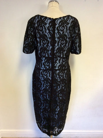 GINA BACCONI BLACK LACE & BLUE LINED SHORT SLEEVE PENCIL DRESS SIZE 16