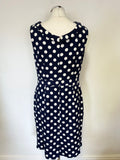 BODEN NAVY BLUE & WHITE SPOT SLEEVELESS PENCIL DRESS SIZE 14R