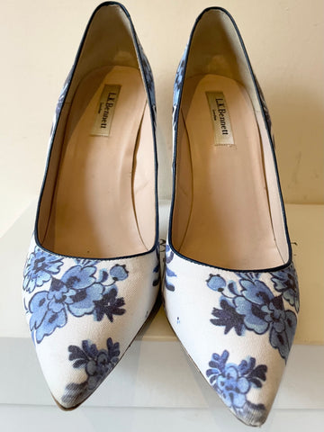 LK BENNETT BLUE & WHITE FLORAL PRINT SPECIAL OCCASION HEELS SIZE 4/37