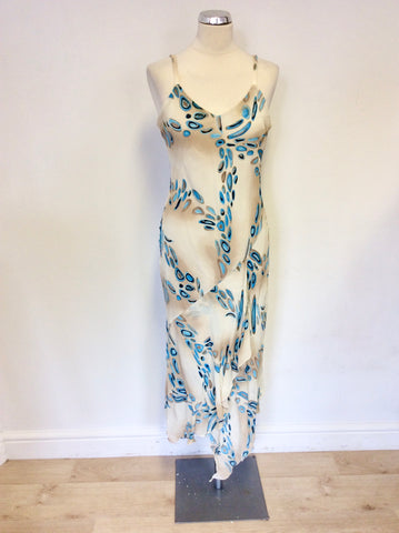 SATSUMA CREAM & TURQUOISE PRINT SLEEVELESS DRESS & MATCHING WRAP AROUND TOP SIZE 12