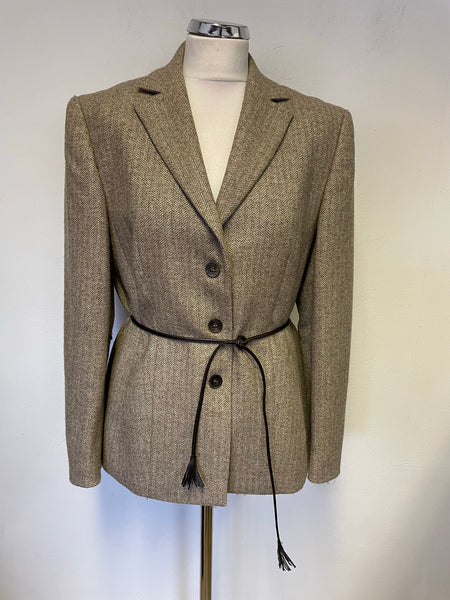 EUGEN KLEIN BEIGE & METALLIC THREAD TWEED BELTED FITTED JACKET SIZE 10