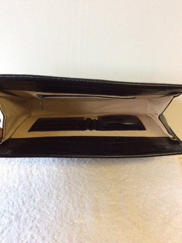 LARGE BLACK LEATHER CROC DESIGN CLUTCH BAG