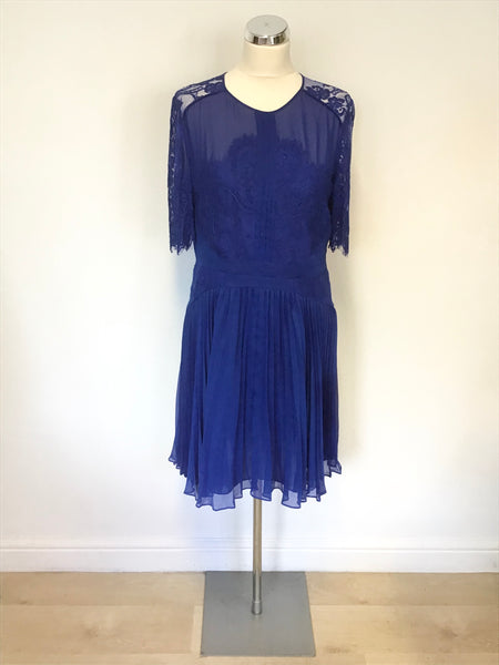 WHISTLES BLUE LACE & PLEATED SHORT SLEEVE OCCASION DRESS SIZE 16