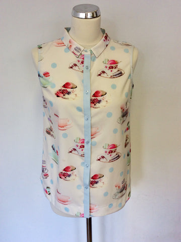 YANI WHITE & MULTI COLOURED TEAPOT & MACAROON PRINT SLEEVELESS BLOUSE SIZE 8