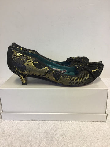 BRAND NEW IRREGULAR CHOICE BLACK SUEDE & GOLD METALLIC PRINT HEELS SIZE 7/40