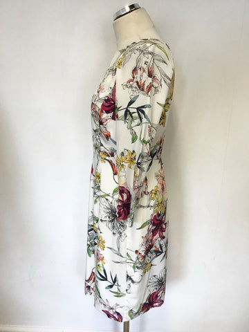 REISS LOTTIE IVORY & MULTI COLOURED FLORAL PRINT 3/4 SLEEVE SILK DRESS SIZE 10