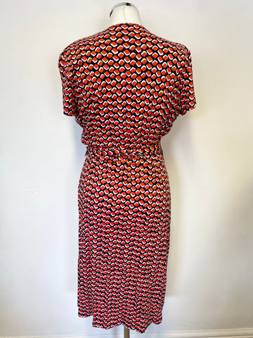 HOBBS RED,WHITE & BLACK PRINT SHORT SLEEVE WRAP DRESS SIZE 12