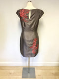 MONSOON GREY WITH PINK & RED FLORAL EMBROIDERY CAP SLEEVE SHIFT DRESS SIZE 12