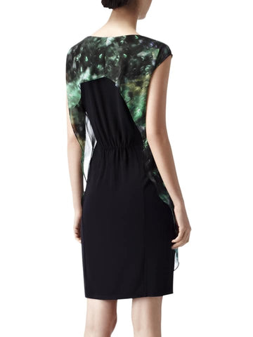 REISS BLACK & GREEN PRINT SILK FRONT OVERLAY SLEEVELESS PENCIL DRESS SIZE 14