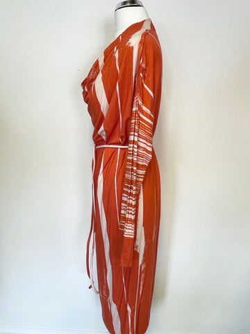 NICOLE FARHI ORANGE & CREAM PRINT STRETCH JERSEY LONG SLEEVE TIE WAIST DRESS SIZE M