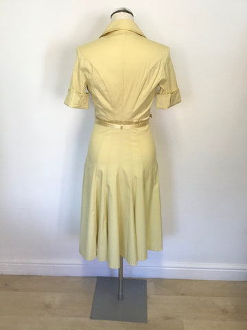 KAREN MILLEN LEMON COTTON & SILK TRIM SHORT SLEEVE BELTED DRESS SIZE 10
