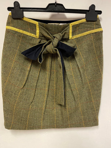 JOULES GREEN & MUSTARD TRIM TWEED WOOL A LINE TIE FRONT SKIRT SIZE 12