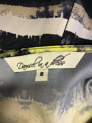 BRAND NEW DAMSEL IN A DRESS NAVY,BLUE,YELLOW & GREY PRINT 3/4 SLEEVE DRESS SIZE 8
