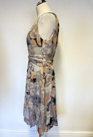 LK BENNETT CARLY GREY,CORAL & MULTI COLOURED PRINT SILK FIT & FLARE SPECIAL OCCASION DRESS SIZE 12