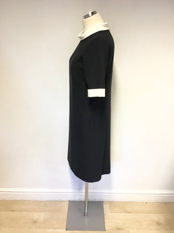 JAEGER NAVY & WHITE TRIM SHORT SLEEVE SHIFT DRESS SIZE 10