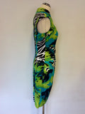 FRANK LYMAN TURQOUISE & GREEN TROPICAL PRINT PENCIL DRESS SIZE 12