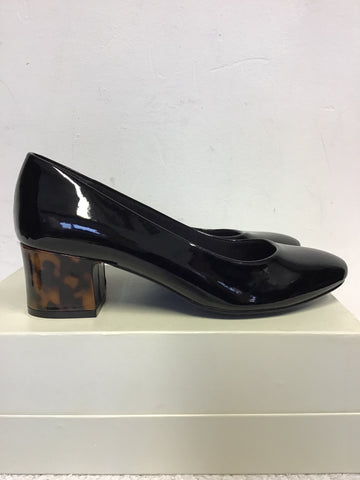BRAND NEW MARKS & SPENCER BLACK PATENT & BROWN TORTOISE SHELL HEELS SIZE 5/38 WIDE FIT