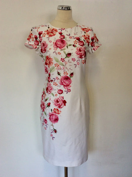 HOBBS INVITATION WHITE & PINK FLORAL PENCIL DRESS SIZE 10