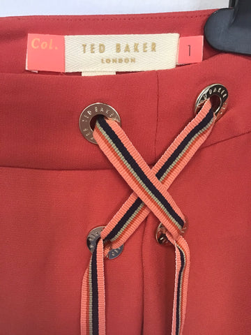 TED BAKER RED WRAP ACROSS FRONT STRAIGHT SKIRT WITH STRIPE TIE DETAIL SIZE 1 UK 10