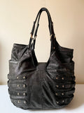 JIMMY CHOO BLACK SHIMMER SILVER STUD TRIM LARGE LEATHER SHOULDER BAG