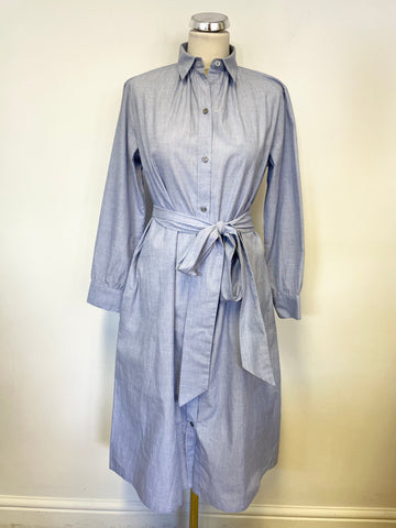TOAST LIGHT BLUE CHAMBRAY COTTON TIE BELT LONG SLEEVE SHIRT DRESS SIZE 8 BUT FIT LARGER