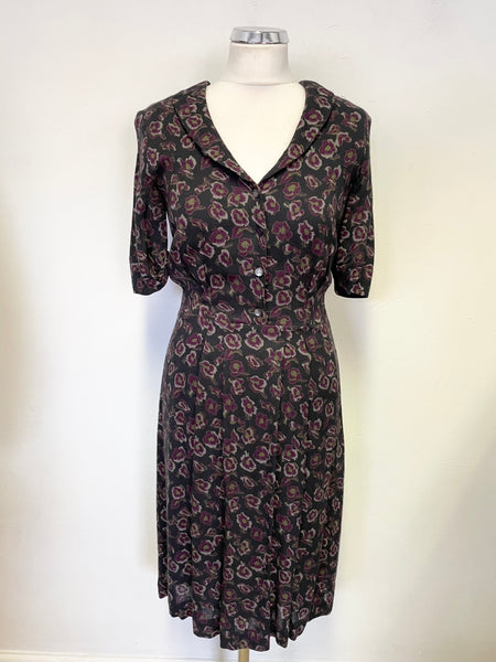 BRORA DARK GREY, GREEN & PURPLE FLORAL PRINT WOOL BLEND TEA DRESS SIZE 10