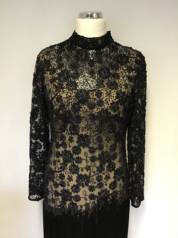 LORCAN MULLANY BY JACQUES VERT BLACK BEADED & SEQUINNED FRINGED EVENING DRESS SIZE 14