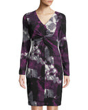 BRAND NEW DONNA KARAN PURPLE PRINT TWIST FRONT LONG SLEEVE DRESS SIZE UK 8
