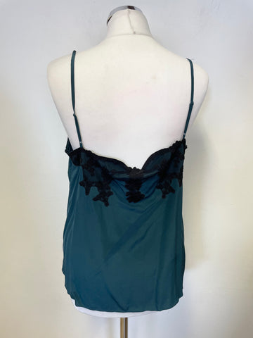 JIGSAW BOTTLE GREEN & BLACK LACE TRIM 100% SILK CAMISOLE TOP SIZE 14
