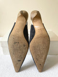 LK BENNETT NAVY BLUE TEXTILE & IVORY LEATHER TRIM SLINGBACK HEELS SIZE 6.5/39.5
