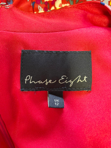 PHASE EIGHT RED & MULTI COLOURED PRINT SLEEVELESS DRESS SIZE 12